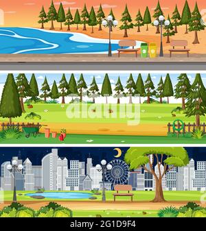 Set of three different nature horizontal scenes illustration Stock Vector
