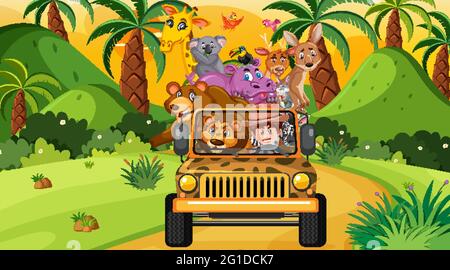  Concepto de safari con animales salvajes en la ilustración del coche jeep Imagen vectorial de stock