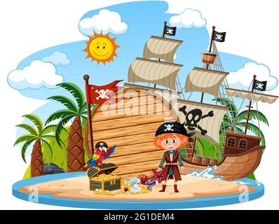 Pirate island with an empty banner isolated on white background illustration Stock Vector
