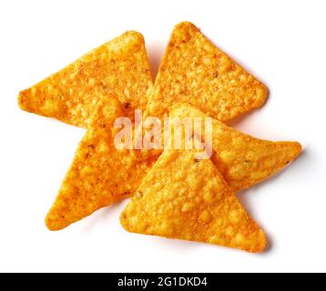 Heap of nachos corn chips isolated on white background, top view Stock Photo