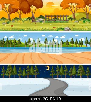 Set of different nature horizontal scenes illustration Stock Vector