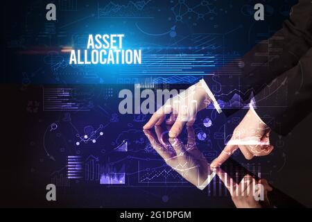 Businessman touching huge screen concept Stock Photo