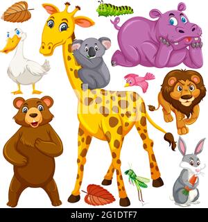 Seamless pattern with cute wild animals on white background illustration Stock Vector