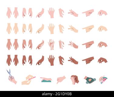 Set of hand gestures in modern flat style. Multiracial vector hands, different skin tone. Semi-realistic collection of signs by human palms Stock Vector