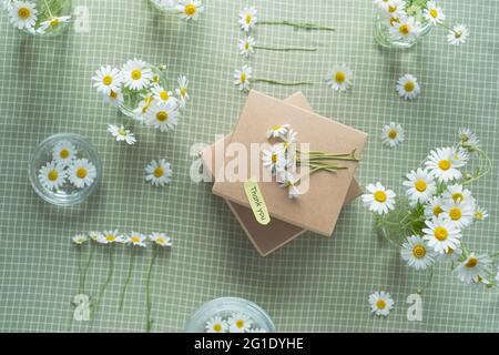 Gift decorated with chamomile flowers with words of gratitude. top view flat lay, eco friendly and zero waste packaging. High quality photo Stock Photo