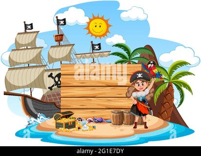 Pirate island with an empty banner isolated on white background illustration Stock Vector