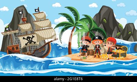 Ocean scene at daytime with Pirate kids on the ship illustration Stock ...