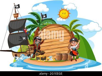 Pirate island with an empty banner isolated on white background illustration Stock Vector