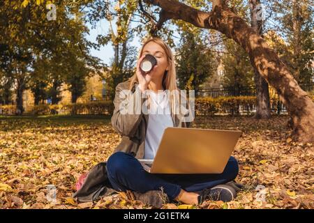 Young businesswoman working on laptop on nature and drink coffee. Autumn park, sunny day. Stock Photo