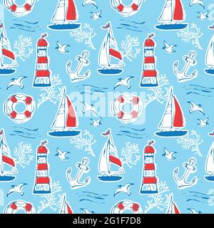 Nautical seamless pattern with sail boat, lighthouse, seagull, anchor and other marine symbols. Sea travel theme. Vector background. Stock Vector