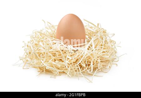One chicken egg in straw nest isolated on white background. Concept of unique subject, protection, privileged position, advantage, comfort, luck. Stock Photo
