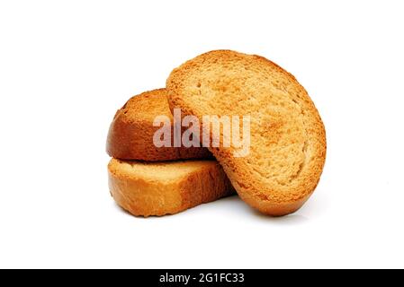 three rusks isolated on white background, full depth of field Stock Photo