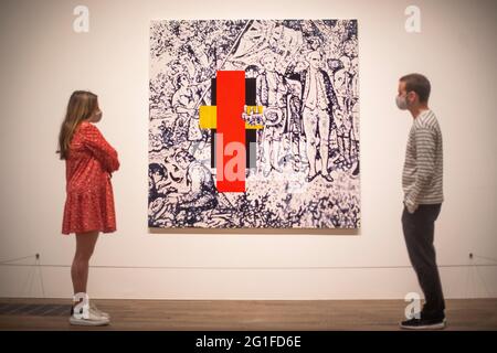 Staff members look at Possession Island (Abstraction) 1991 by Gordon Bennett, on show in the A Year in Art: Australia 1992 free exhibition at Tate Modern, London. Picture date: Monday June 7, 2021. Stock Photo