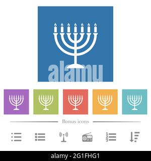 Menorah with burning candles flat white icons in square backgrounds. 6 bonus icons included. Stock Vector