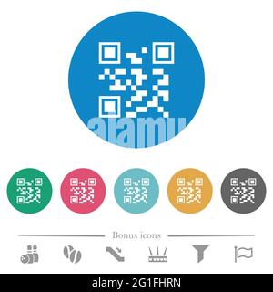 QR code flat white icons on round color backgrounds. 6 bonus icons included. Stock Vector