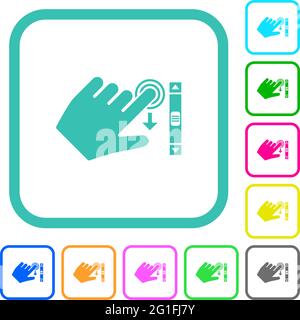 Left handed scroll down gesture vivid colored flat icons in curved borders on white background Stock Vector