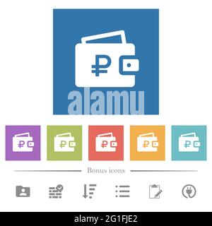 Ruble wallet flat white icons in square backgrounds. 6 bonus icons included. Stock Vector