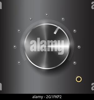 Realistic volume control with headphone jack on dark metal background. Stock Vector