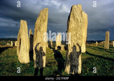 Stone Circle of Callanish, Stones of Callanish, Shadow Man and Woman, Megalithic Culture, Neolithic Age, Cult Site, Callanish, Breasclete, Isle of Stock Photo