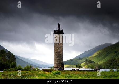 Loch Shiel, loch, Glenfinnan Monument, pillar, Highlander statue, Charles Edward Stuart, Bonnie Prince Charlie, 2nd Jacobite revolt, Jacobite Stock Photo