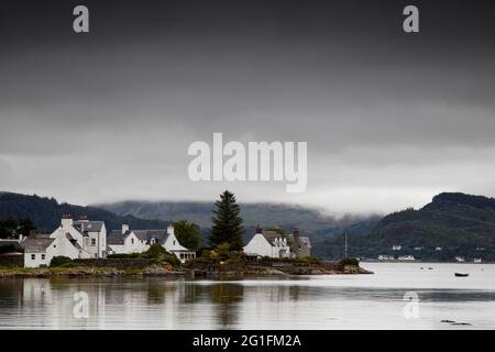Loch Carron, loch, houses of Plockton, white houses, cottages, grey sky, Plockton, west coast, highlands, highlands, Scotland, Great Britain Stock Photo