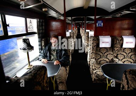 West Coast Express, 1st class, passenger, man, Jacobite Express, steam locomotive, railway, train, West Highland Line, Mallaig, west coast Stock Photo