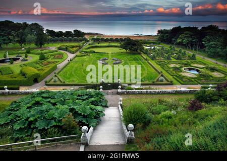 Dunrobin Castle, sunrise, garden, gardens of Sir Charles Barry, baroque garden, italian coastal garden terrace view, parterre, ancestral seat Clan Stock Photo