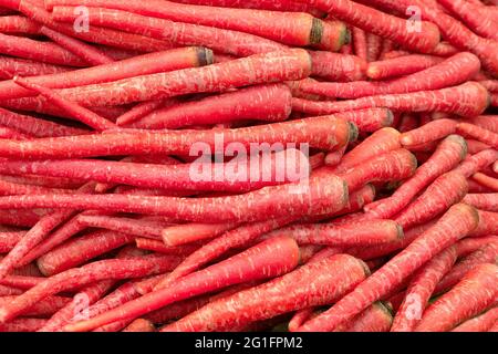 Close up top view of freshly harvested  Red Carrots ,Daucus Carota ,vegetables displayed for retail sale in local market Stock Photo