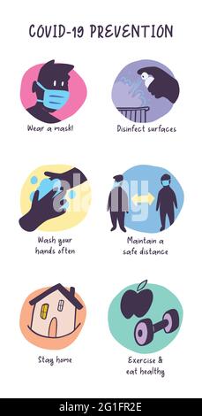 Covid-19 virus protection tips. Coronavirus alert. Prevention icons infographics. Set of isolated vector illustration drawing in cartoon style Stock Vector