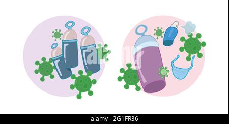 Medical Life Support Oxygen Cylinder Illustration. Covid 19 corona virus pandemic medical help aid emergency supplies with mask sanitizer vector art o Stock Vector