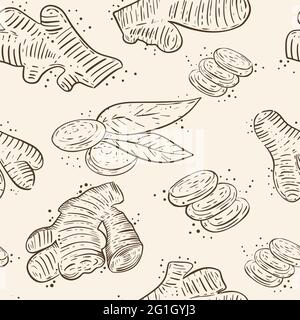 Ginger seamless pattern, vector. Spice ginger root whole and piece, a repeating kitchen background. Hand drawing sketch. Medical, cosmetic and kitchen Stock Vector