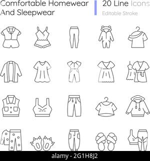 Comfortable homewear and sleepwear linear icons set Stock Vector