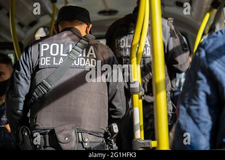 BUENOS AIRES, ARGENTINA - May 03, 2021: City police asking for authorization number to circulate in confinement and new normal Stock Photo