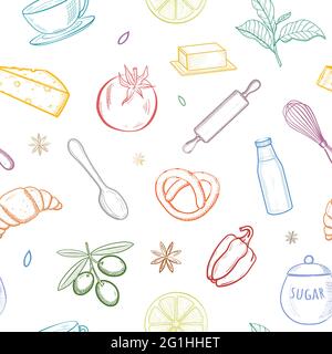 Seamless pattern with kitchen hand drawn sketch utensils. For wallpaper, pattern fills, textile, web page background, surface textures. Colorful Vecto Stock Vector