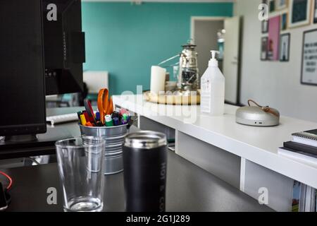 office space with office supplies on the table Stock Photo