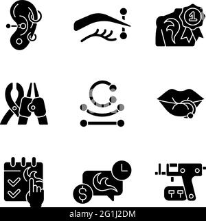 Tattoo and piercing creation black glyph icons set on white space Stock Vector
