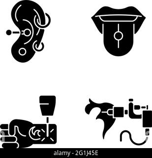 Tattoo and piercing masters black glyph icons set on white space Stock Vector