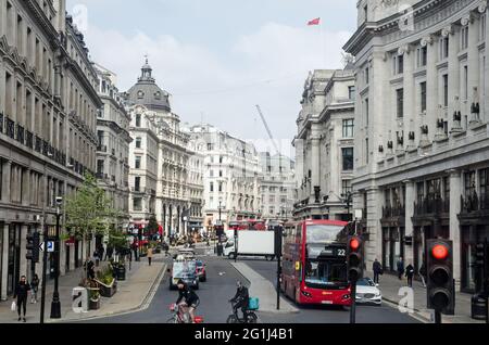 London, UK - April 21, 2021: slightly elevated view along the historic Regent Street in Westminster, London on a sunny morning. Stock Photo