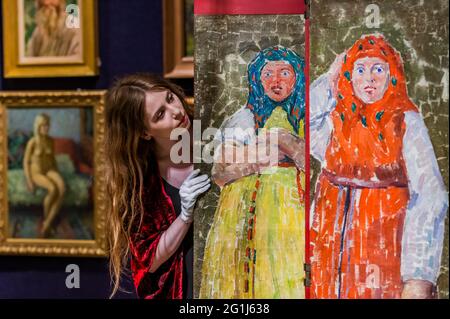 London, UK. 7th June, 2021. Samuel Granowsky, Russian Musicians three canvas panels, est £ 8,000 - 12,000 - Preview The Russian Sale at Bonhams, New Bond Street, London. The sale itself will take place on 9 June. Credit: Guy Bell/Alamy Live News Stock Photo