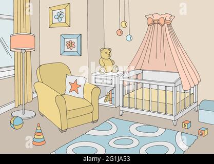 Baby room graphic color interior sketch illustration vector Stock Vector