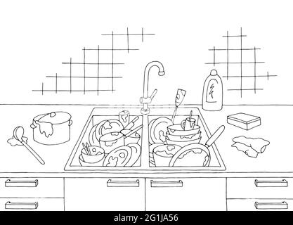 Dirty dishes in the sink kitchen mess room graphic black white home interior sketch illustration vector Stock Vector