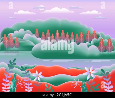 Hills landscape in flat style design. Beautiful field, meadow, mountains and sky. Rural location with valley, lake, river, hills, forest, trees. Green Stock Vector