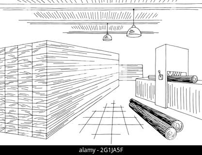 Sawmill interior graphic black white sketch illustration vector Stock Vector