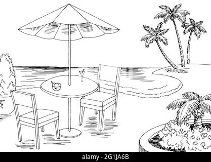 Beach cafe graphic black white landscape sketch illustration vector Stock Vector