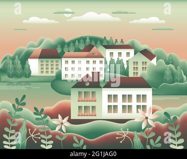 Landscape village, hills, trees, river, lake, forest. Rural valley Farm countryside with house, farm, building in flat style design. Green brown gradi Stock Vector