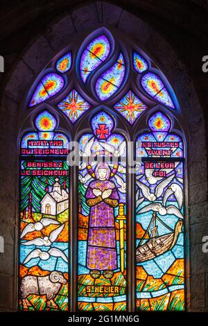 France, Eure, Pays d'Auge, Beuzeville, Saint Helier church, stained glass window representing Saint Helier by Maitre verrier Francois Decorchemont from Conches Stock Photo