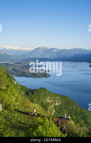 France, Savoie, Saint-Germain-la-Chambotte, the Bourget Lake with the Chartreuse massif and the snowy Belledonne massif in the background Stock Photo