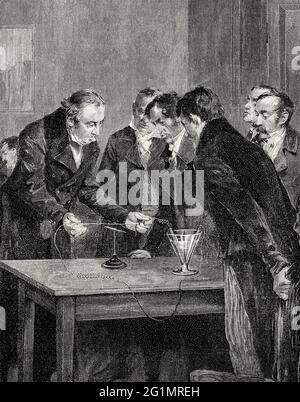 Experimental demonstrations, the distraction of a compass needle by electricity magnetism, Hans Christian Ørsted, 1777-1851, Danish physicist Stock Photo