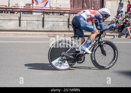 MILAN, ITALY - MAY 30: last stage of Giro 2021, Vincenzo Nibali competitor of Trek-Segafredo Team  at high speed during individual time trial in city Stock Photo