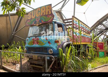 Brightly decorated Sugar cane plantation lorry at The Eden Project Rainforest Biome Cornwall UK, May 2021 Stock Photo